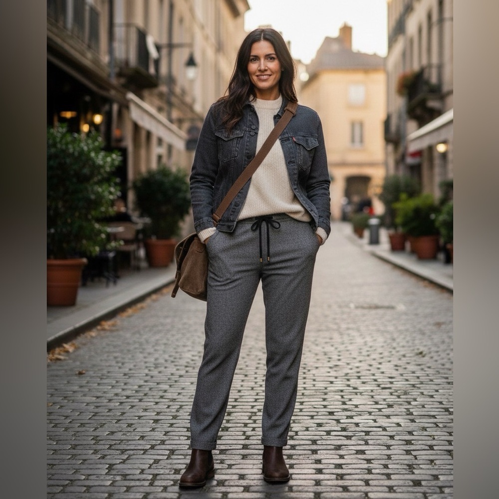 Les‎ Copains Gray, Virgin Wool Windowpane, Pull-On Pants. Italian fabric. EU38